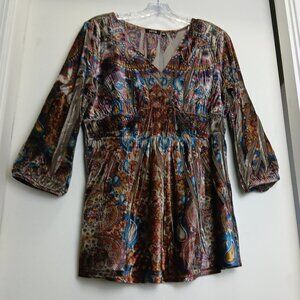 Apt 9 Y2K Velvet Paisley Collage Babydoll Empire Waist Earthy Colors Top Sz L
